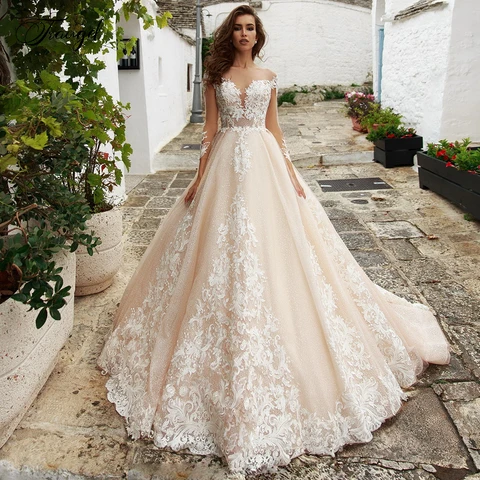 Traugel Vestidos De Novia с О-образным вырезом, длинный рукав, кружевное свадебное платье Роскошные Иллюзия аппликации со шлейфом средней длины трапециевидной формы свадебные платья