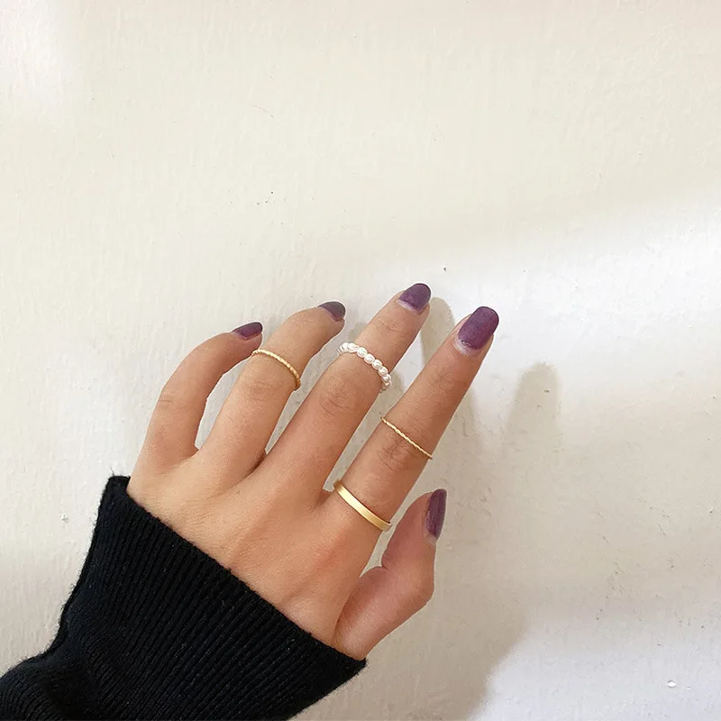 

4 PCS/Set Retro Simulated Pearl Gold Rings Set for Women Mujer Gold Color Metal Alloy Wide Twisted Charm Ring Sets Accessories