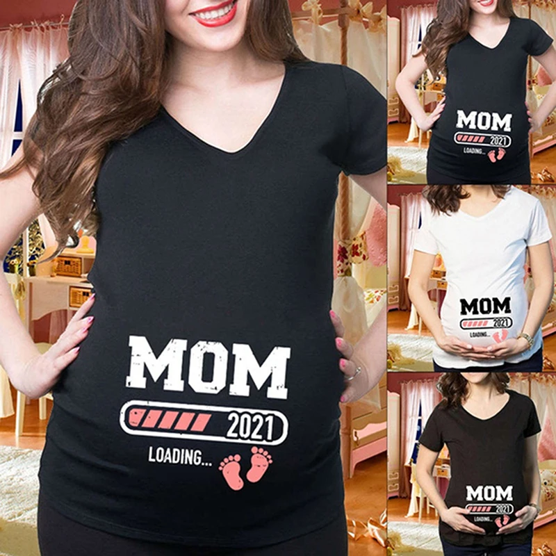 

Mom Dad Loading 2021 Printed Pregnant T Shirt Summer V Neck Short Sleeve Maternity Wear Couple Outfit