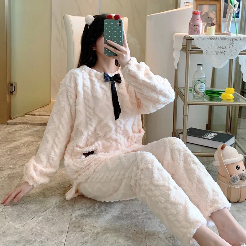 Sweet Pajamas Set Women Pink Pajamas Autumn Winter Flannel Casual Warm Round Neck Plus Velvet Thickening Cute Home Service