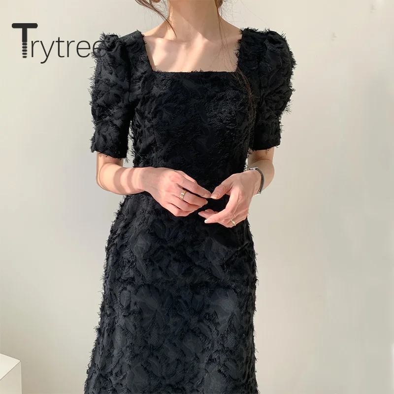 Летнее женское платье Trytree 2020 повседневное облегающее однотонное с квадратным