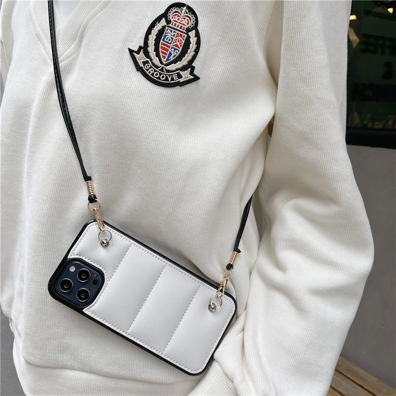 

3D Down Jacket Phone Case For iPhone 13 12 11 Pro Max Mini XR X XS 7 8 Plus The Puffer Soft Silicone Cover With Luxury Lanyard