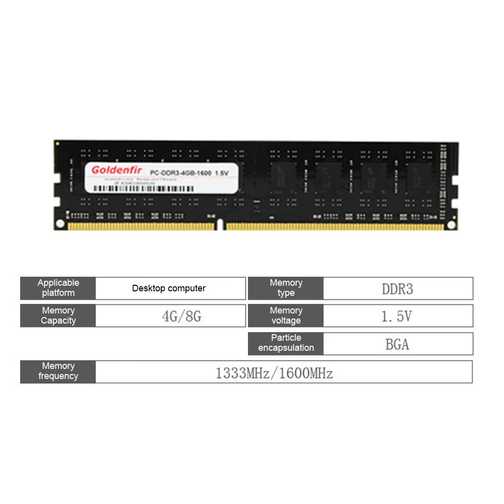 

Goldenfir DDR3 Memory RAM 4/8GB 240Pin Desktop Computer Memory PC Motherboard 1333/1600MHz No ECC 1.5V DDR3 RAM Memory Module
