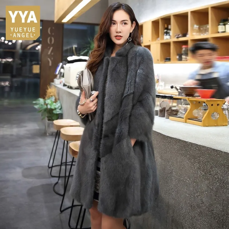 Marca de Luxo Real para Mulheres Superior Vison Pele Cabolsas Comprimento Médio Coreano Gola Nove Pontos Manga Outerwear Feminino
