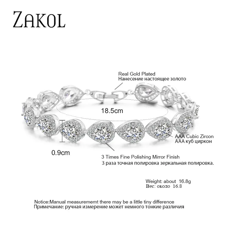 Женский браслет ZAKOL элегантный в форме капли воды из фианита свадебное Ювелирное
