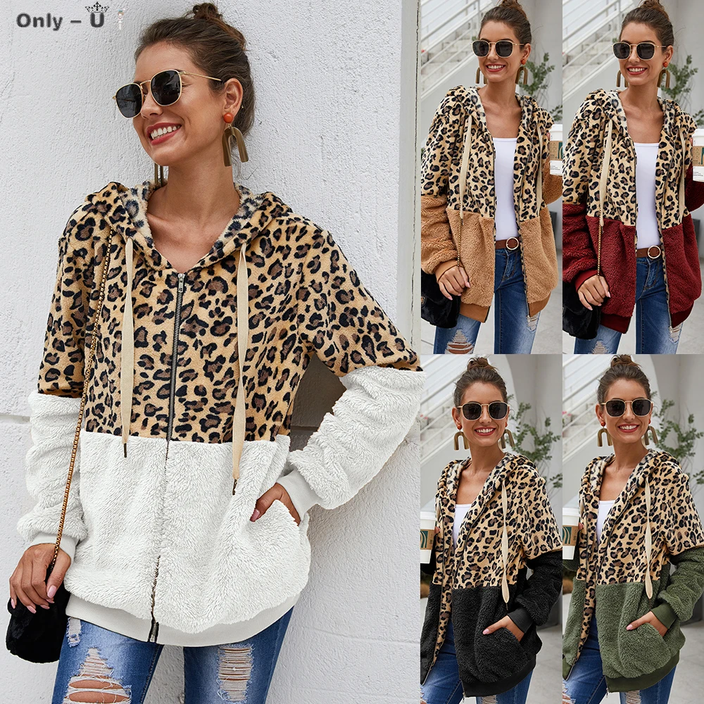 

Female Leopard Splicing Brief Paragraph Coat Women Autumn Hooded Fluffy Plush Winter Faux Fur Jacket