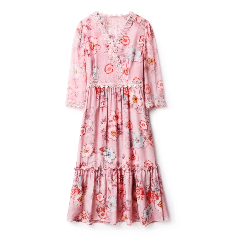

100% Natural Silk Women's Dresses Sexy V Neck 3/4 Sleeves Lace Patchwork Floral Printed Ruffles Fashion Casual Dress Vestido