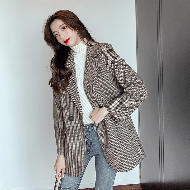 

Женский шерстяной клетчатый пиджак, свободный шерстяной костюм в британском стиле, Осень-зима 2020