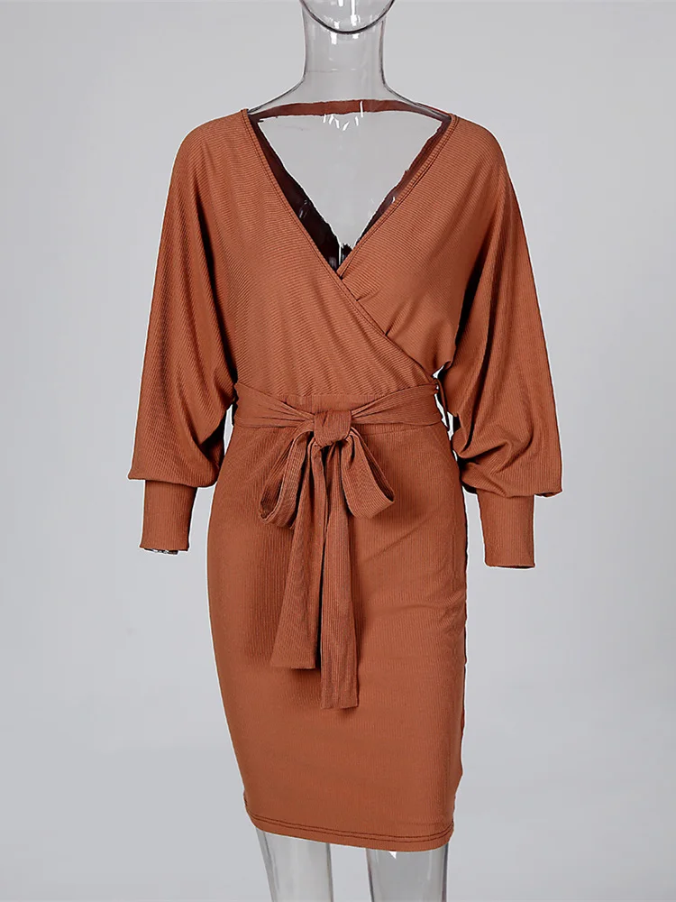 Женское облегающее платье с запахом Surplice в рубчик рукавами летучая мышь и V