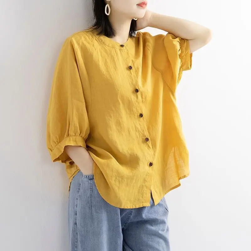 

2021 New Women's Cotton Linen Stand Collor Half Sleeve Button Down Shirt