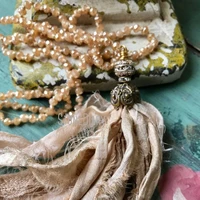 nm15541 romantic shabby boho glam sparkle glass crystal copper sari silk tassel fun necklace neutral unique accessory