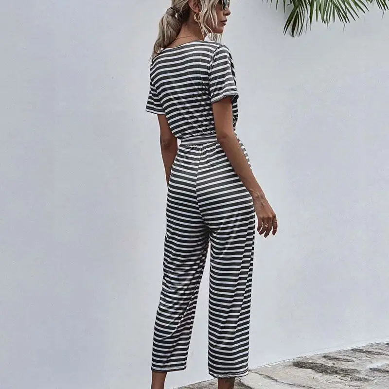 

2021 Summer Loose Striped Jumpsuit Women Romper Women Wide Short Sleeve Jumpsuit Overalls For Women Pink