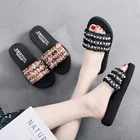 Шлепанцы женские в богемном стиле, пляжные сандалии с цветочным принтом, шлепанцы в полоску, с бантом, летние тапочки, сандалии на высоком каблуке 3 см