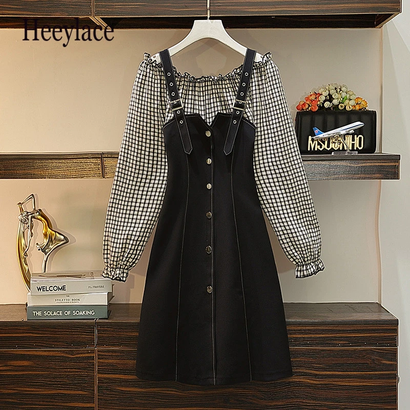 

Женское осеннее клетчатое платье на бретельках корейский стиль вырез лодочка пикантные с открытыми плечами пуговицы с длинным рукавом Пэчворк имитация двух частей платья
