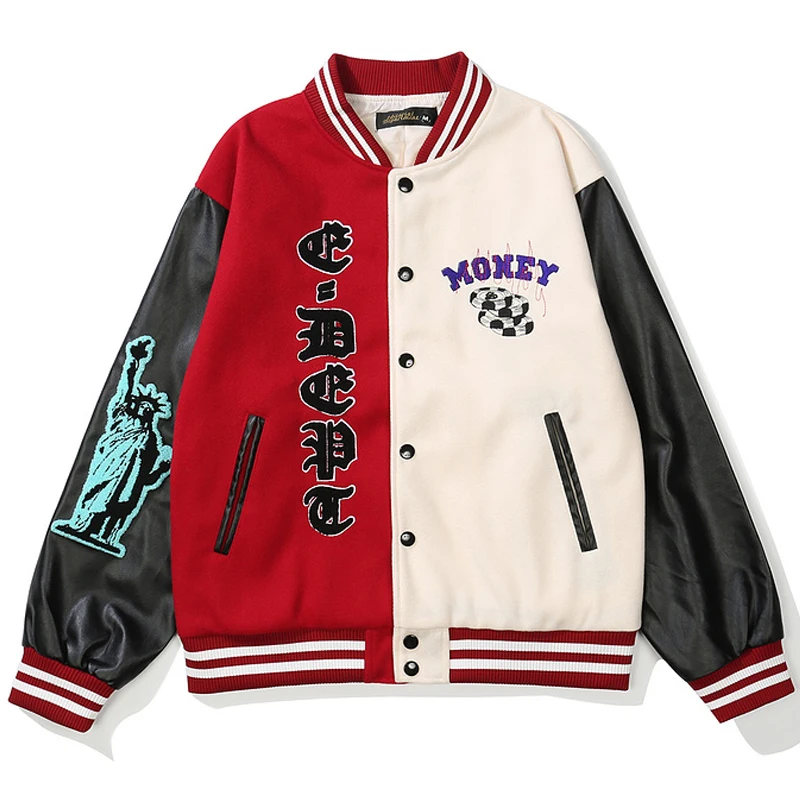 

Mens Harajuku Embroidery Patchwork Baseball Coats Unisex Retro Color Block Bomber Jacket Oversize Leather Sleeve Streetwear
