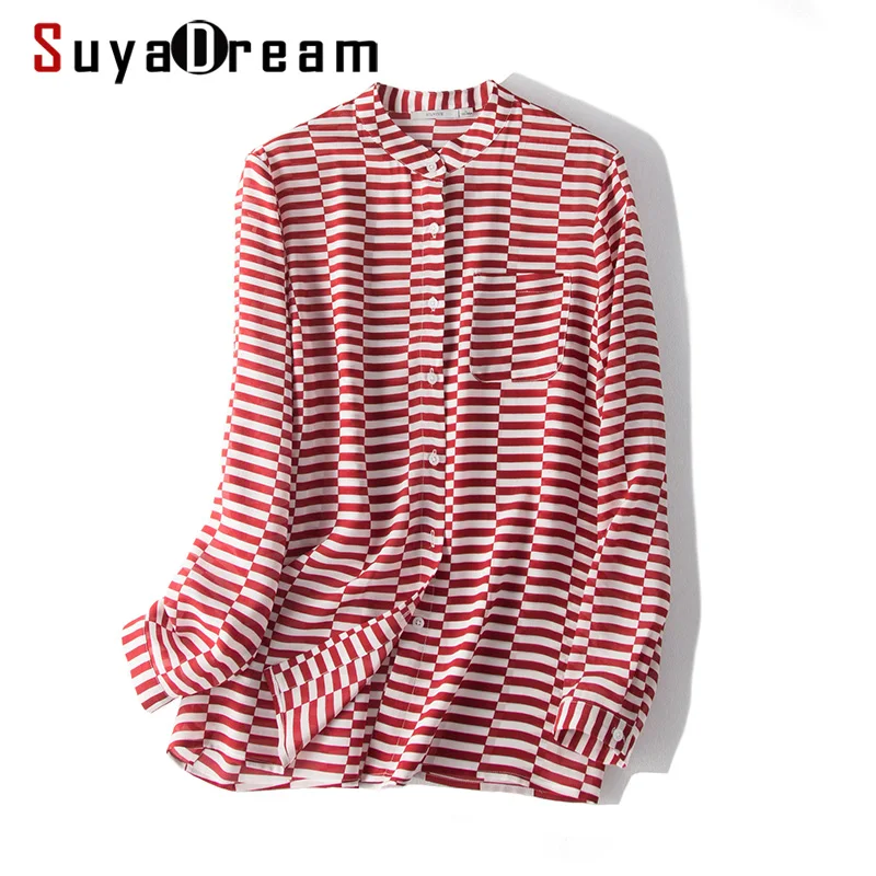 SuyaDream Женская полосатая блузка 100% натуральный шелк с длинным рукавом стоячий