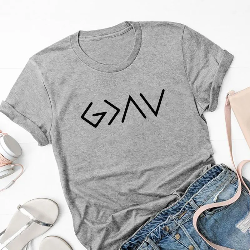 

100% Cotton Women T Shirt God Is Greater Printed Tshirt Ladies Short Sleeve Tee Shirt Women Female Tops Clothes Camisetas Mujer