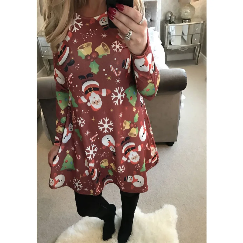 Женское расклешенное платье с длинным рукавом рождественскими мотивами для