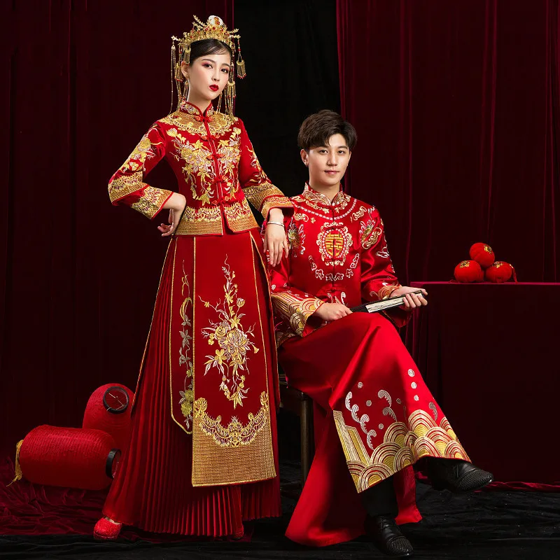 

Красное свадебное платье в китайском стиле, высококачественный Цветочный вышитый наряд для жениха и невесты, традиционный костюм ханьфу