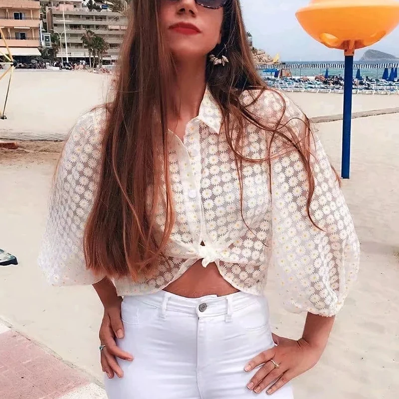 Женские прозрачные шифоновые рубашки 2019 летние модные женские мягкие блузка из
