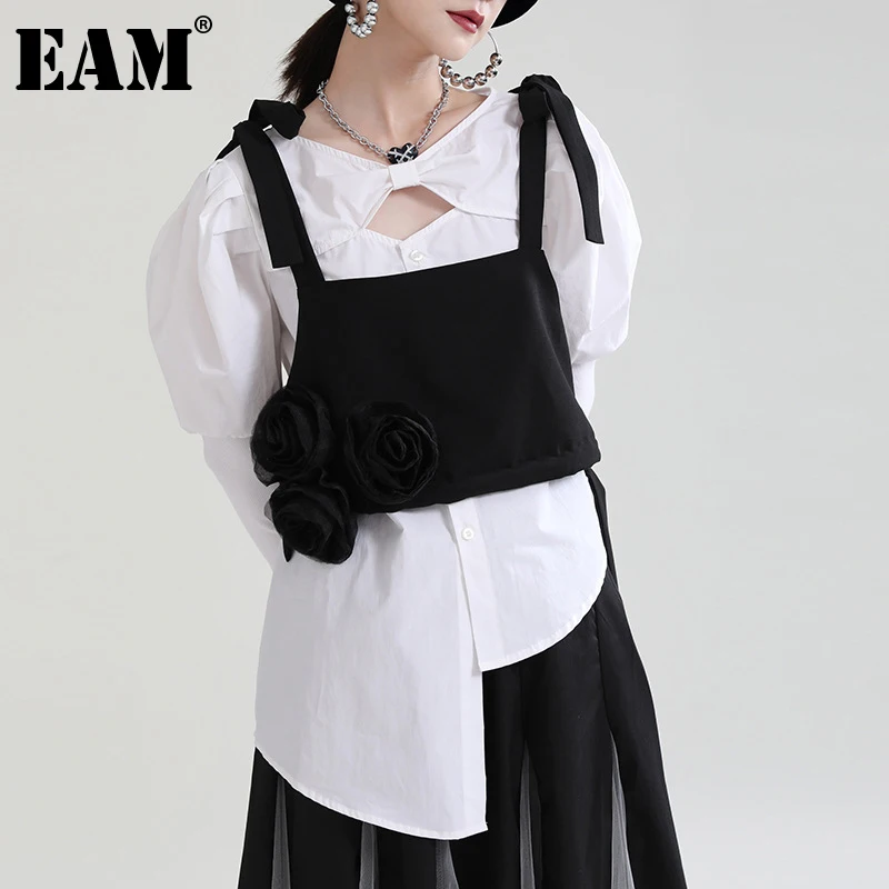 

[EAM] Женская Асимметричная блузка с цветочным принтом, новая свободная рубашка с v-образным вырезом и длинным рукавом, модная весенне-осенняя...