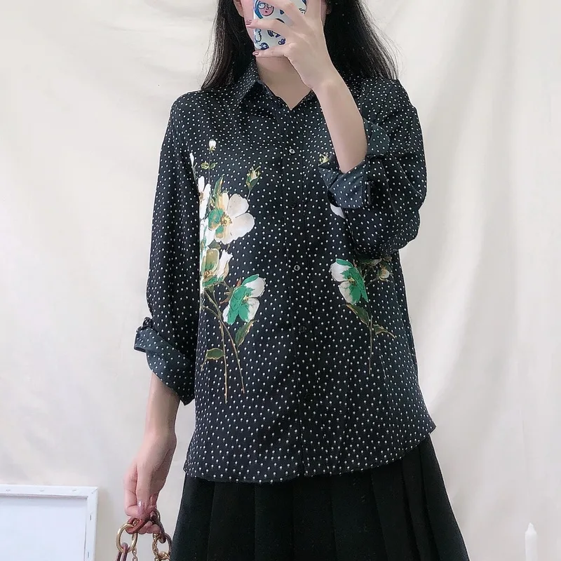 Осень 2019 новинка Женская рубашка блузка в горошек и цветочный принт винтажные