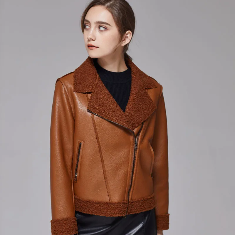 Women Leather Jackets Girls Designer PU Fashion Zip Up Biker Coat Overcoats Short Slim-Fit Lapel Fur Autumn and Winter 2020