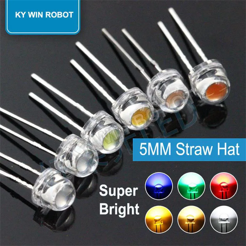 5mm 밀짚 모자 LED 다이오드, 아주 밝은 백색, 0.3W 0.5W 0.75W F5 전력 0.5W 발광 다이오드, 빨간색 노란색 녹색 파란색 따뜻한 50 개