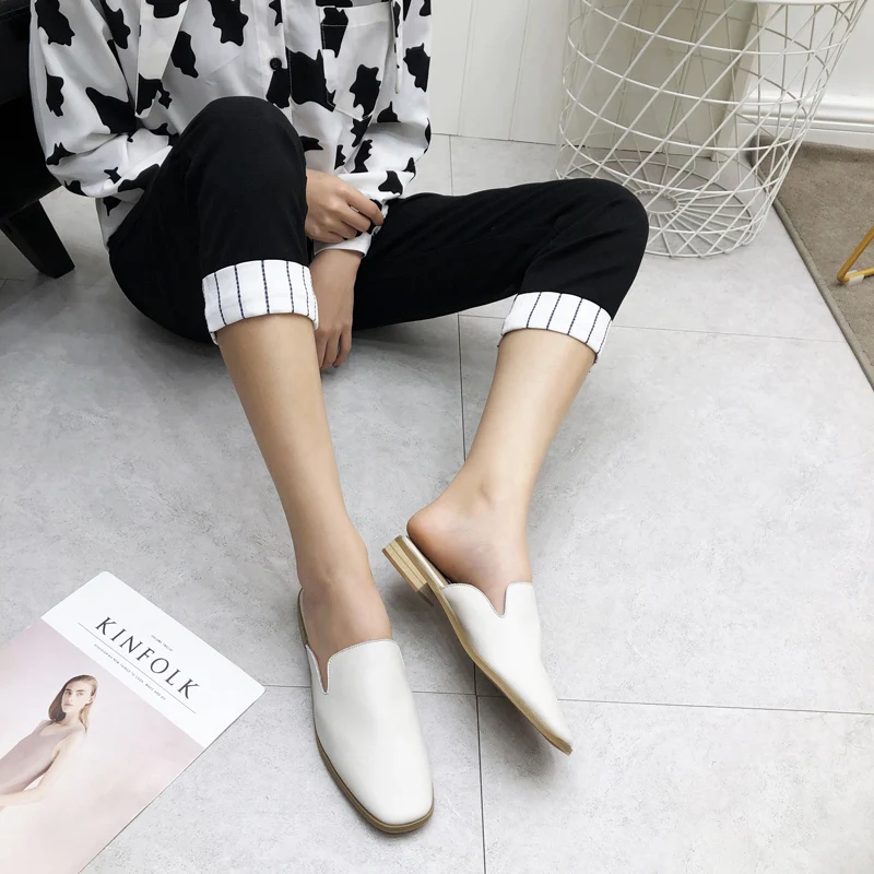 Genuine Leather Mule Shoes Women Flat Slippers Low Heels Slides Concise Style Ladies Casual Designer Shoe Woman Comfort Sliders | Обувь