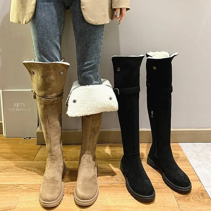 

Женские дизайнерские высокие сапоги до бедра, повседневные сапоги из овечьей шерсти на платформе и Плоском Каблуке, Сапоги выше колена для ...