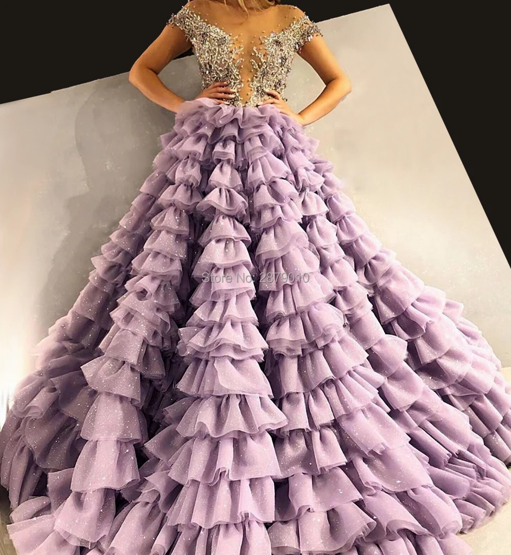 Женское вечернее платье до пола сиреневое бальное с блестками и бисером для