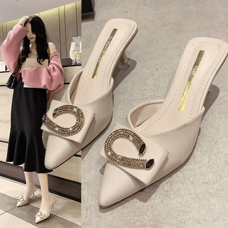 

2021 Fashion Summer New Style Half Baotou Slippers Women Outside Thin Heels Slides Med (3cm-5cm) Bling Solid Sexy Pointed Toe
