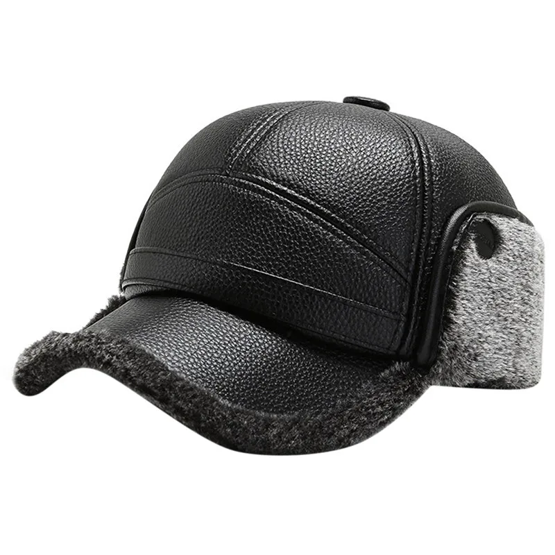 

Keep Warm Winter Hats Fashion Men Leather Baseball Cap Outdoor Soft Plush Warm Visors Hat Ear Protection Skiing Hat Gorras