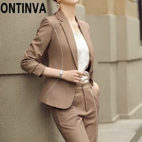 khaki black slim fit white stripe blazer jackets for women office work wear autumn fall fashion new one button blaser outwear