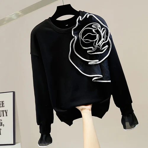 

Носки с трехмерной аппликацией в виде большой с капюшоном и цветами для женщин для девочек; Пуловер с круглым вырезом в стиле пэтчворк в фор...