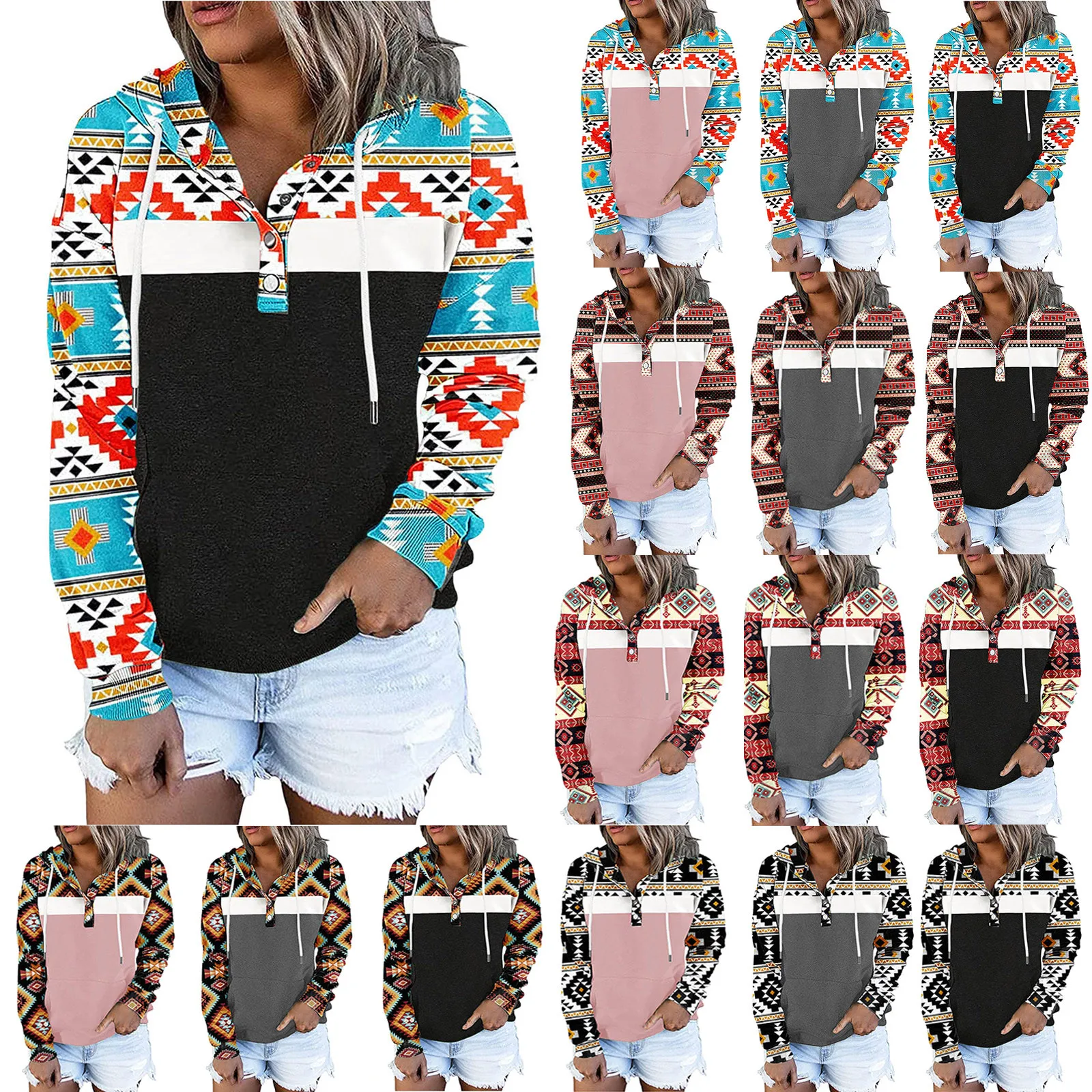 

Толстовка Женская с длинным рукавом, свитер с геометрическим рисунком, с воротником-хомутом, пуловер с кулиской, худи с карманами