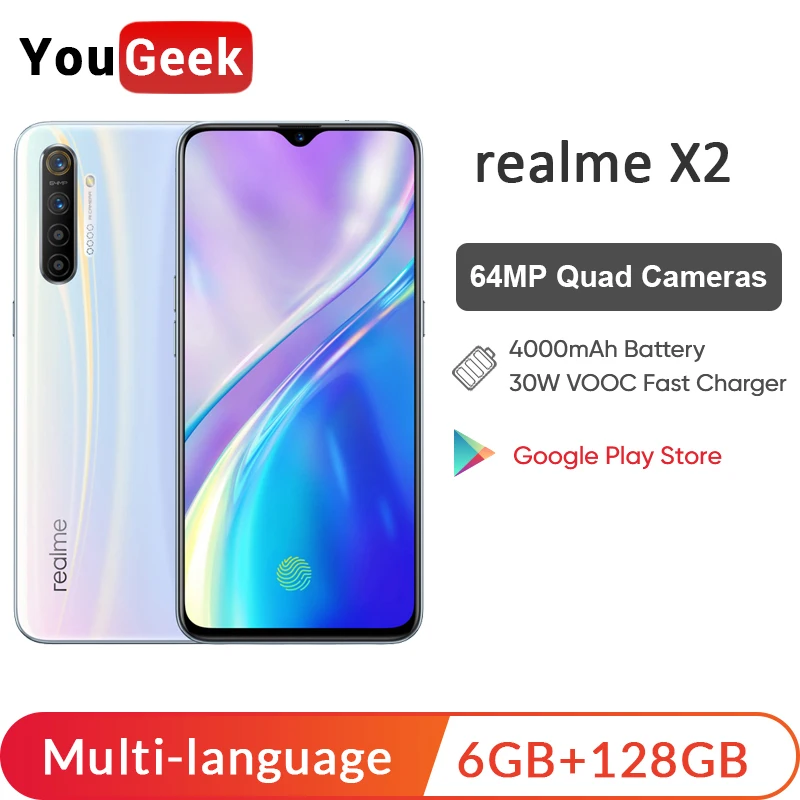Realme X2 8 Гб 128 ГБ 6 4 дюйма Мобильный телефон Snapdragon 730G 64MP Quad Camera мобильный VOOC 30W
