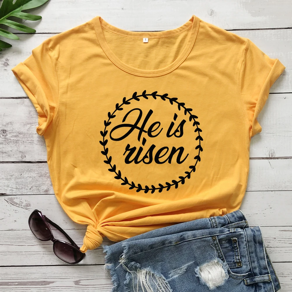 

He Is Risen Slogan Women Tshirt Christian jesus Streetwear Harajuku Female Clothing Cotton Shirt O Neck Short Sleeve Top Tees
