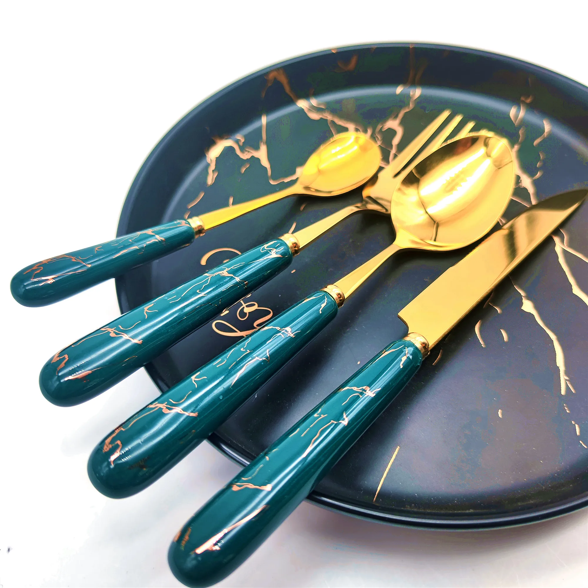 

24pcs Ceramic Fork Spoon Knife Set Stainless Steel Cutlery Holder Tableware Set Gold Dinnerware Dinner Set Dishwasher Safe