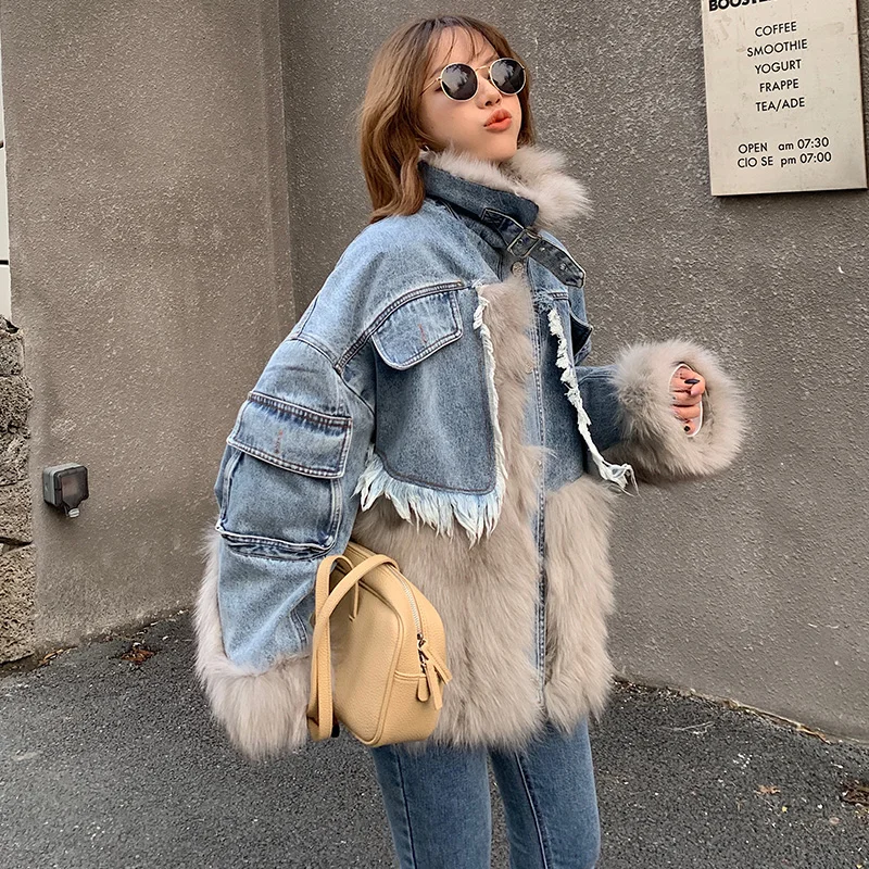 

2021 Women Winter Oversize Duck Down Parka Coat Real Fox Fur Collar Warm Loose Outerwear Streetwear Genuine Fur Patchwork Jeans