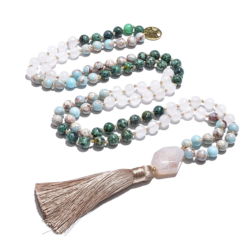 8mm White Jade African Turquoise Emperor Jasper Beads Knotted Japamala Necklace Meditation Yoga Jewelry Set 108 Mala Rosary images - 6
