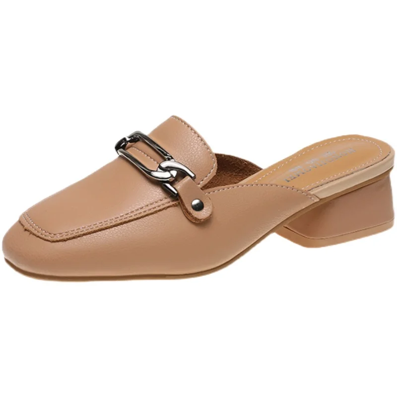 

Female Shoes Ladies' Slippers Luxury Slides Med Square heel Beige Heeled Sandals Cover Toe 2021 Soft Designer Block Black Fashio