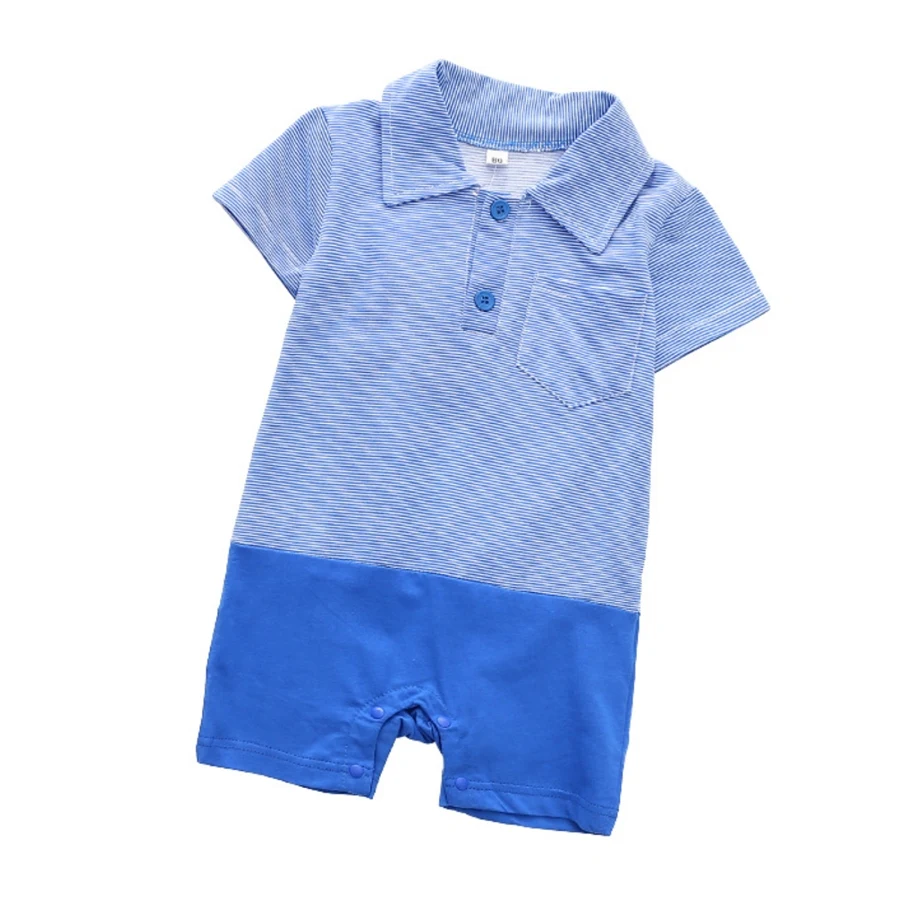 

New Summer 2020 Baby Boy Clothes One Piece Cotton Romper Short Sleeve Blue Striped Color Matching Clothing Shortalls Jumpsuits