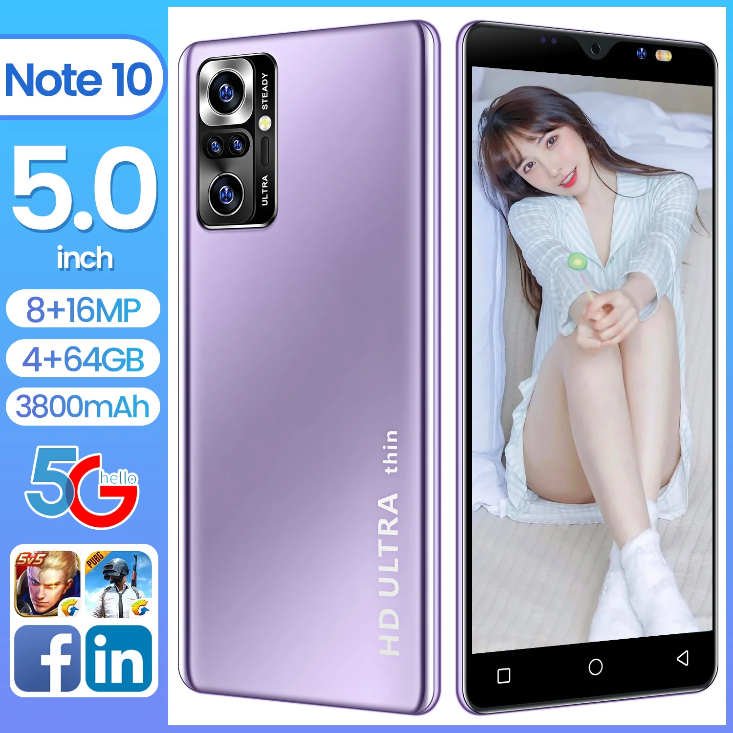 

HuaWe Note10 6GB+64GB 3800mAh 10 Core Smartphone 5'' HD 8+16MP Camera Face ID Fingerprint 5G LTE GPS Cheap Mobile Phone 2021