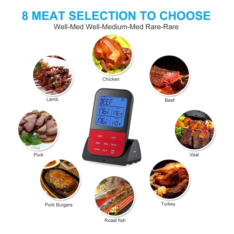 

Meat Food Thermometer,Wireless Kitchen Cooking Bbq Thermometer with Dual Probe,Alarm Monitor for Grill Smoker Oven