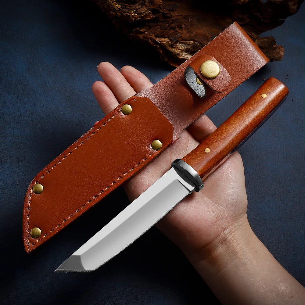 

Stainless Steel D2 Japanese Tactical Knife Fixed Blade Knife Outdoor Camping Survival Wooden Handle Hunting Fruit Collection Cut