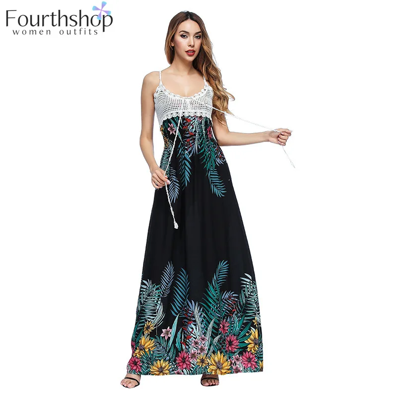 Летнее пляжное платье с длинным цветочным принтом кружевное Открытое без