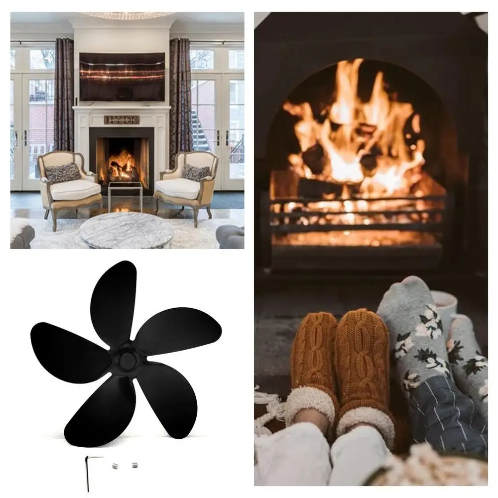 

Black Heater fan Fireplace Heater Fan With Five Blades Stove Fan Quiet Home Efficient Heat Distribution Fireplace Accessories