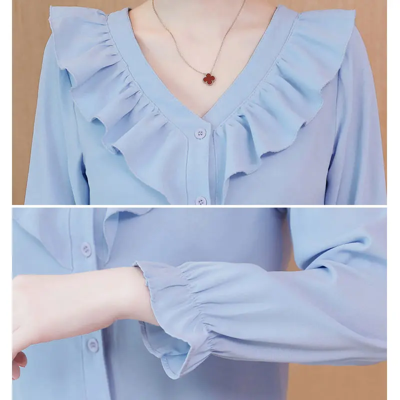 

2021 Sexy V neck Shirts Elegant Fashion chiffon shirts long Sleeve Solid Layered Women Blouse Shirts Loose Ruffle Tops
