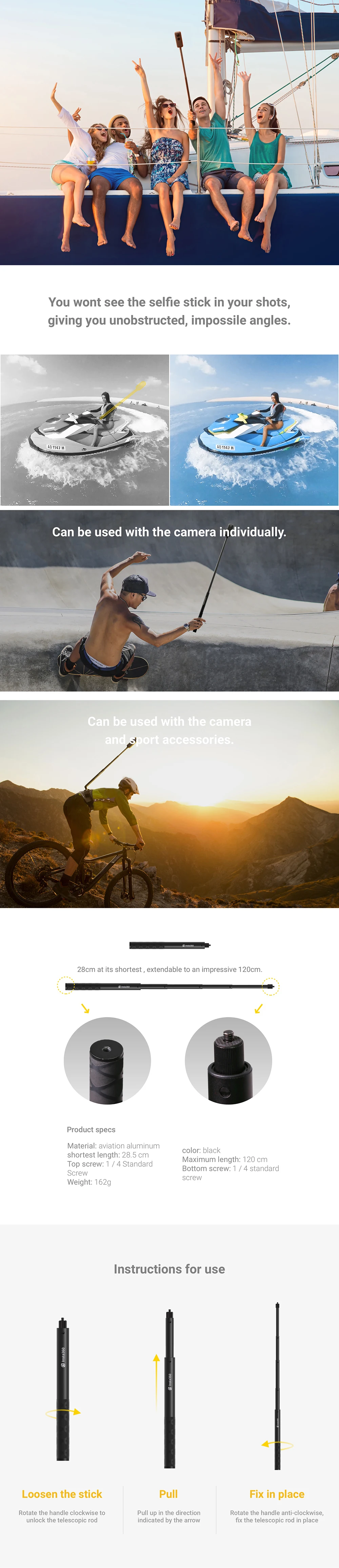 Insta360 Невидимый селфи-палка 1/4 винтовой порт для Insta360 ONE& ONE X& EVO камеры и экшн-камеры